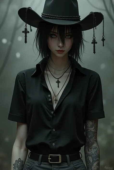 An emo-style , white skin,  with black hair , a black dress shirt with tattoos on the arms with a cross necklace, Some basic half-gray pants, A half-cowboy hat with hanging crosses