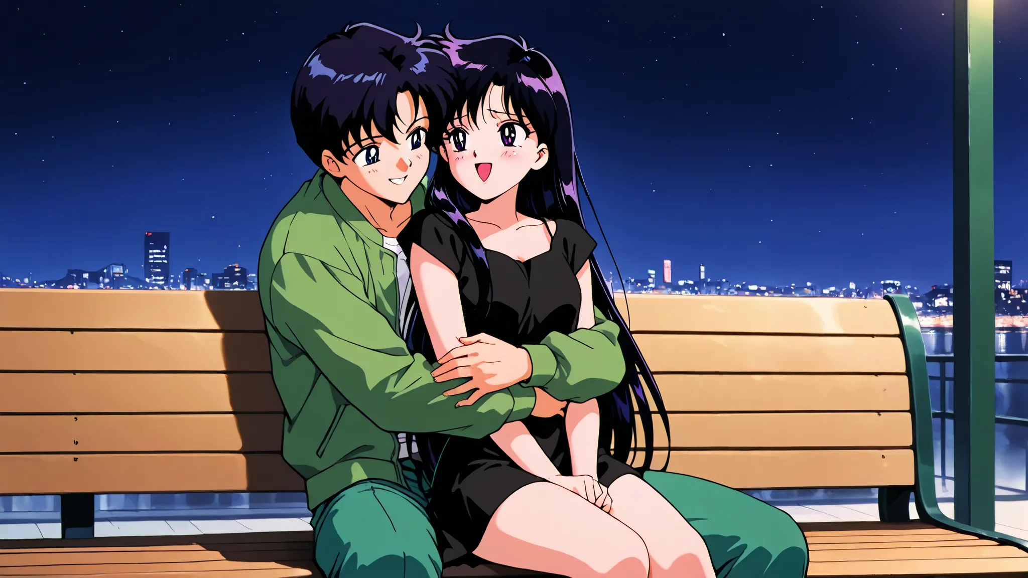 masterpiece,best quality,amazing quality, moaning, rei hino, black mini dress, black purple hair, long hair, purple eyes, parted bangs, loocking at boy, happy, 1boy and 1girl, chiba_mamoru, black hair, short hair, dark blue eyes, green jacket, casual weari...