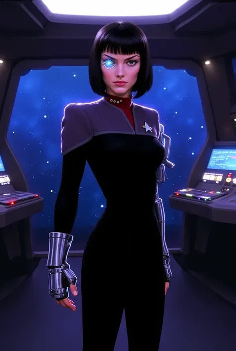 1 girl, wearing a blue deep space nine starfleet uniform, on bridge of a starship anime style with a cybernetic eye and arm