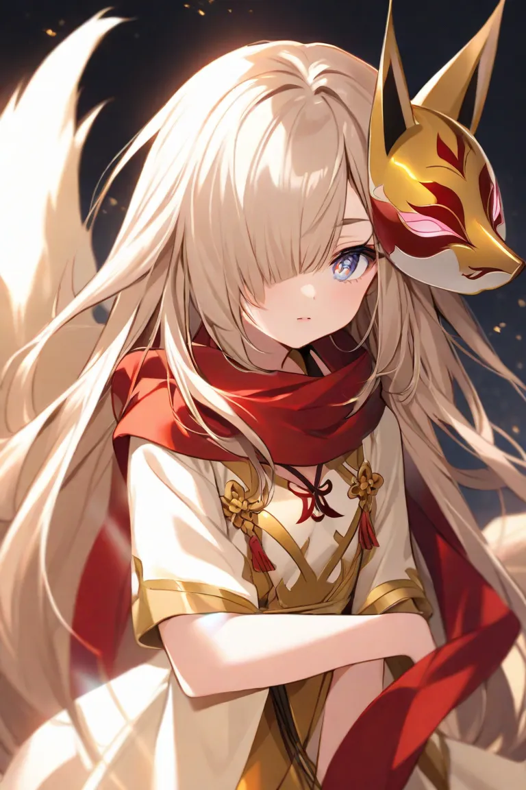 Age 16 right side of her hair is black right side of her hair is white  wears a red scarf her left eye iris/pupil Red her right eye Iris/pupil golden wears a mask is a kitsune 