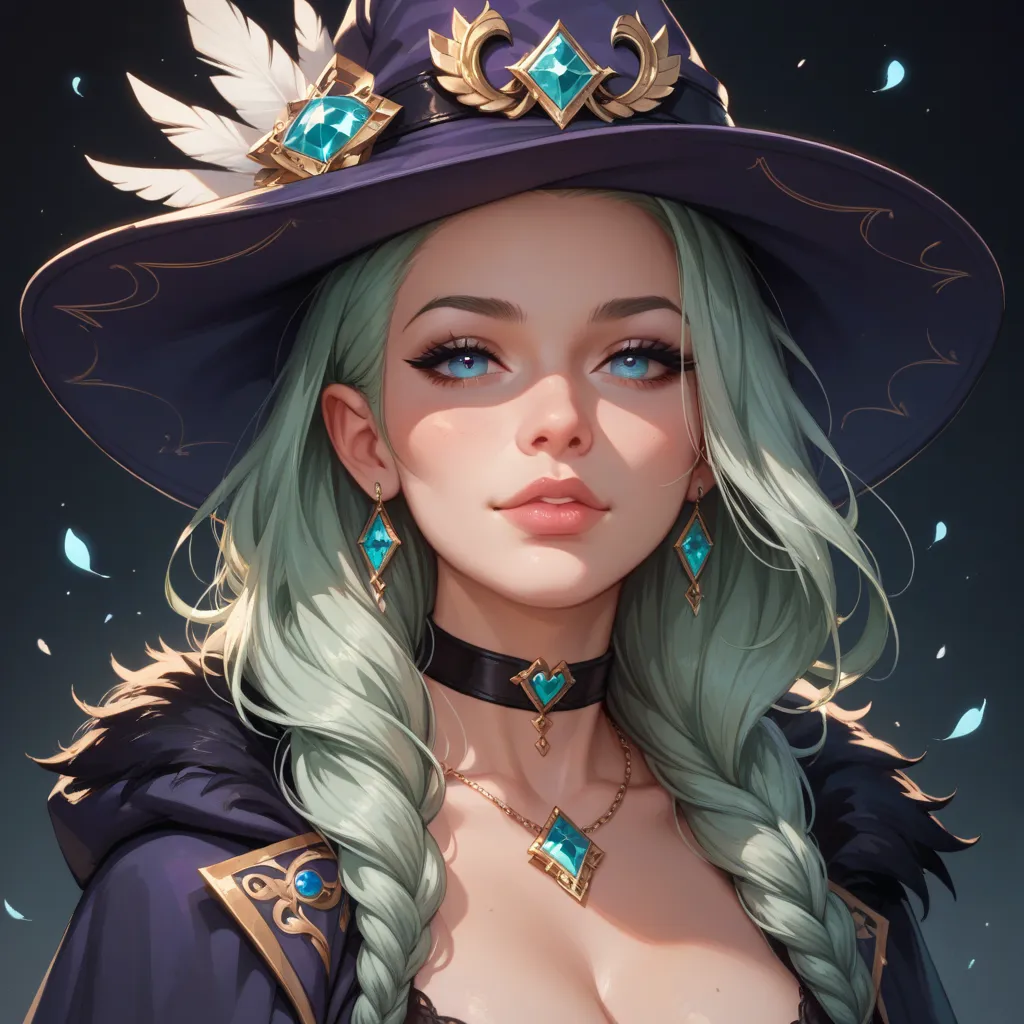 a portrait of a young adult woman with light green hair, she has elven ears, wears a black mage robe with silver embroideries, she wears a purple hat adorned with feathers, around her neck is a black choker with 3 gems and also a heart hanging from it, her...