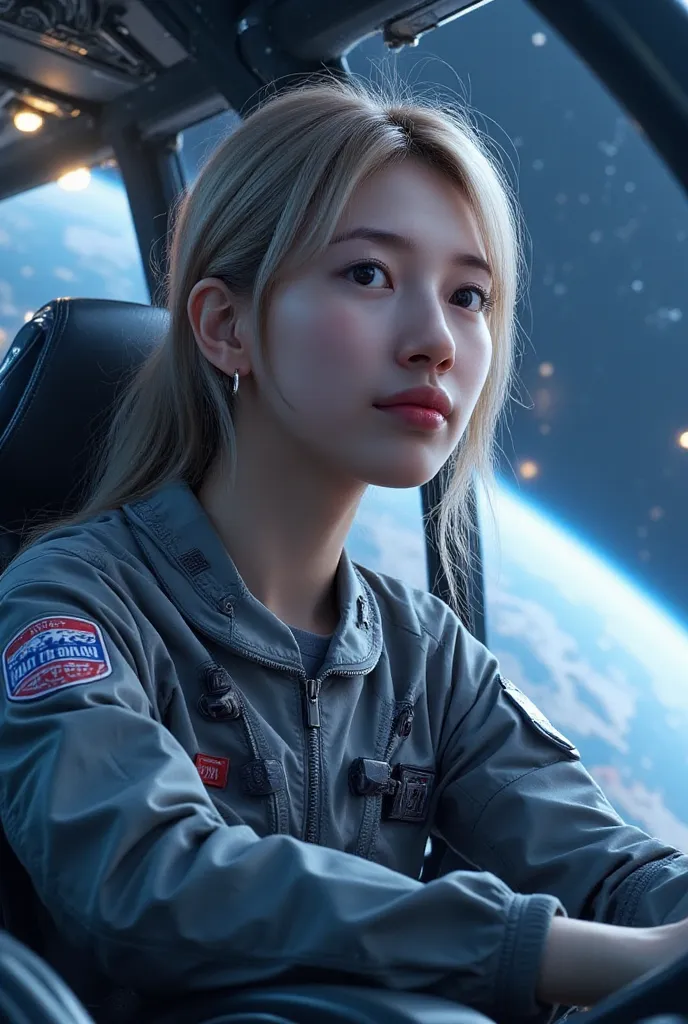 a masterpiece ,Space and astronauts, tied wavy silver hair, blue eyes , a female astronaut Inside the high tech spacecraft cockpit,she pilot the space ship moving forward. futuristic high tech space station, behind her are window show planet earth , full o...