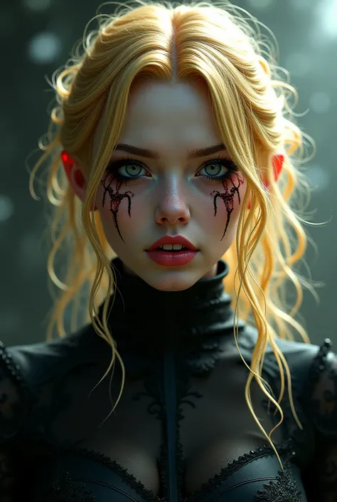 A blonde demon girl with black eyes, vampire fangs, and black marks on cheekbones 