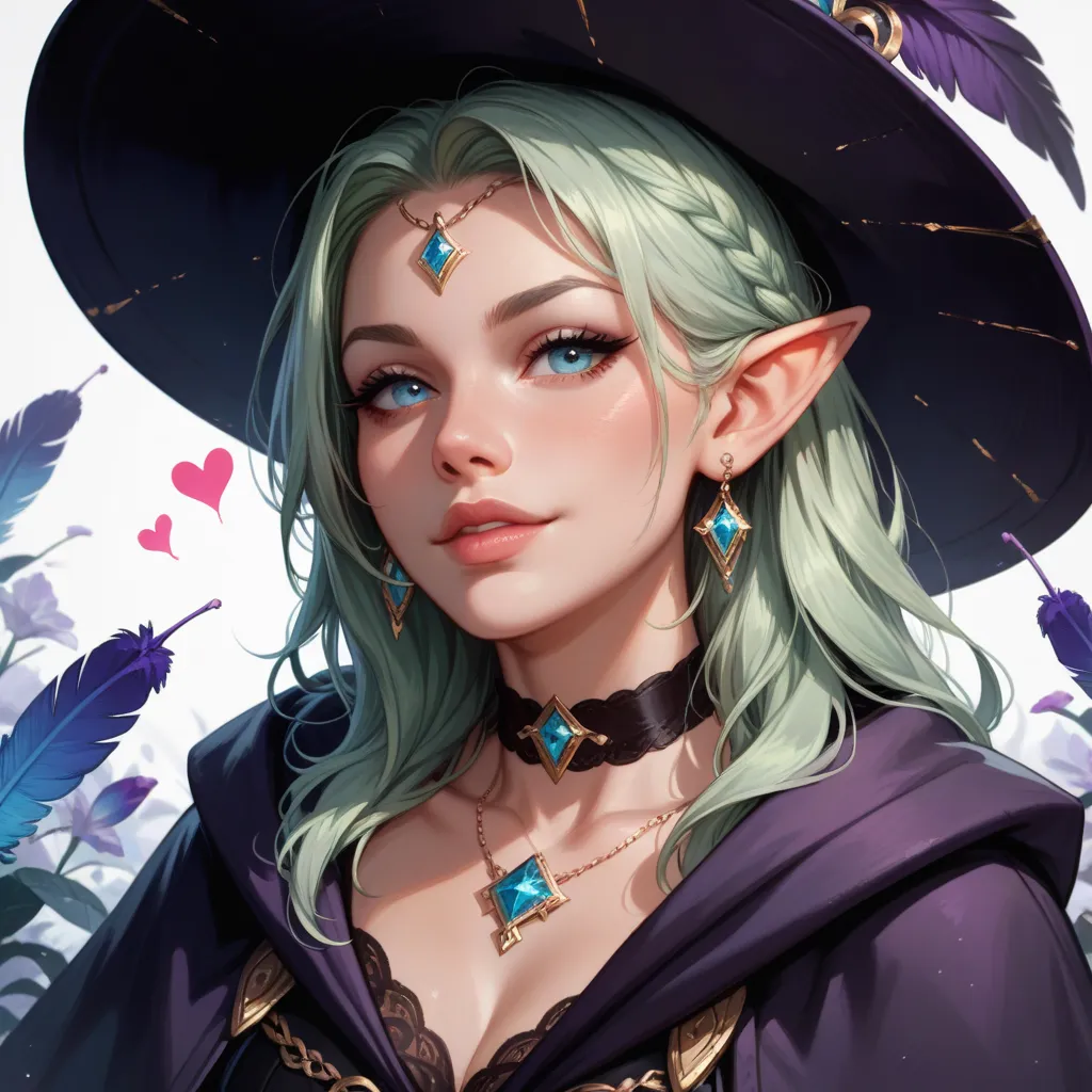 a portrait of a young adult woman with light green hair, she has elven ears, wears a black mage robe with silver embroideries, she wears a purple hat adorned with feathers, around her neck is a black choker with 3 gems and also a heart hanging from it, her...