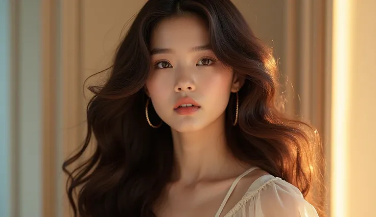 chan Wonyoung, a Korean idol With gorgeous thick shiny hair voluminous curls hair, hair photoshoot for advertising. 