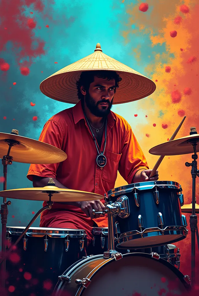 Man playing the drum with a voltiao hat