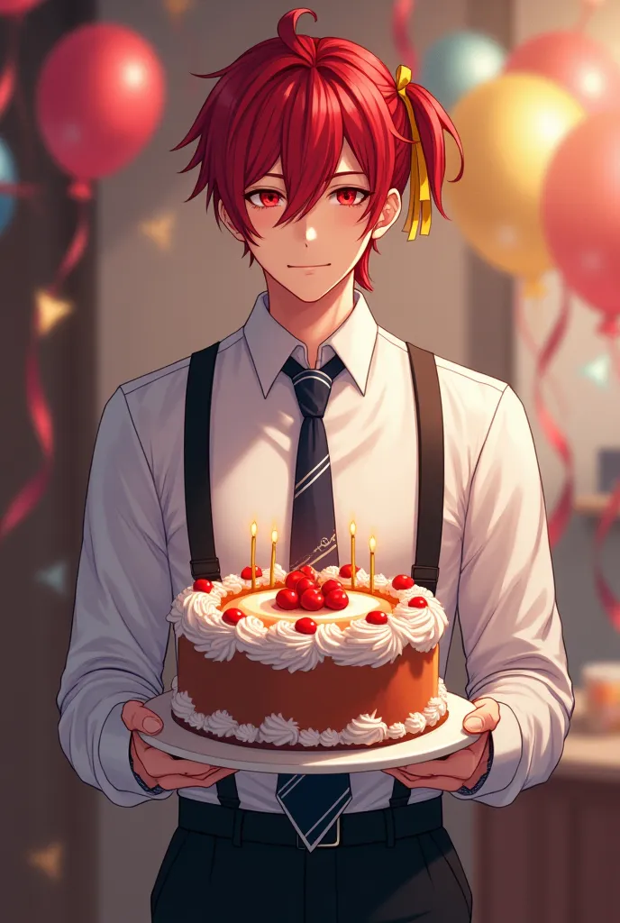 guy with hair tie to the right side yellow colour with red hair clips, white shirt long sleeves showing chest, with black Chest strap, dark blue necktie with white stripes, red eyes, smile at the camera while holding a huge cake say HAPPY BIRTHDAY in AI ha...