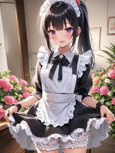 One girl, black hair, ponytail, BREAK, (traditional maid dress:1.4), BREAK, (lifting skirt up to crotch, lifted by self:1.4), (wearing white ruffle bloomers:1.8), bedroom, blushing face, opening mouth, closing eyes, 