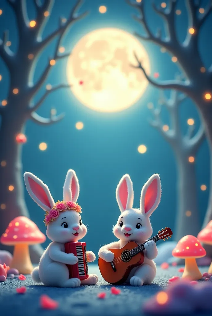 A magical nighttime scene with a dreamy, cartoon-style enchanted forest. A soft, fluffy bunny with a delicate flower crown sits under a glowing full moon, surrounded by sparkling fireflies and floating petals. The whimsical landscape features pastel-colore...