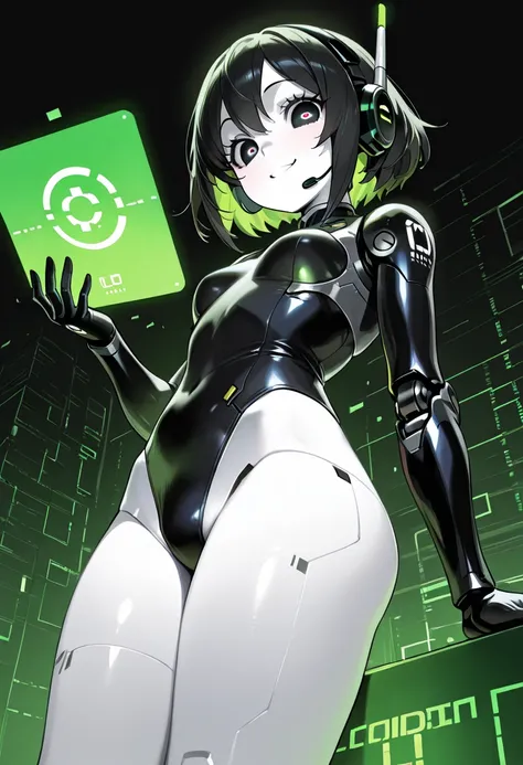 masterpiece, best quality, very aesthetic, absurdres, safe, (masterpiece), best quality, expressive eyes, perfect face, robot girl helding a tiny person, smiling, mini, white skin tone, black hair, black color eyes, headset microphone, green binary digital...