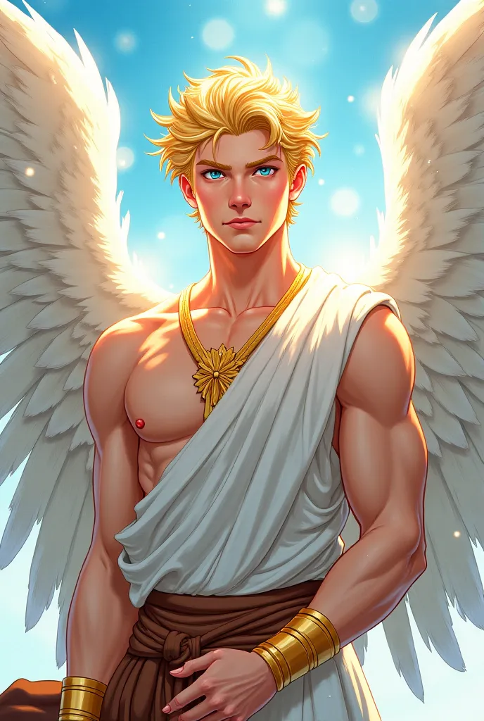 "Ethereal and majestic male angel, illustrated in a non-realistic and expressive style, with defined lines and flat colors. His face has marked masculine features: a strong jaw, pronounced cheekbones and an intense look through penetrating bright blue eyes...