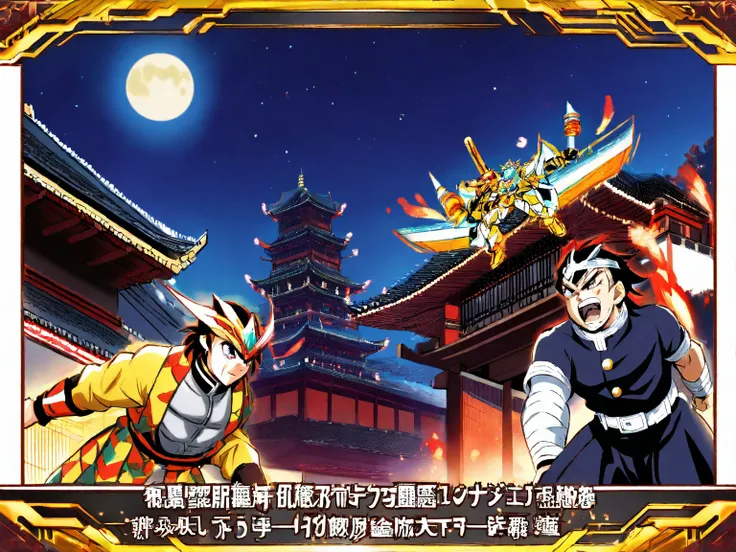 demon slayer, Tanjirō Kamado versus Gyomei Himejima in chinese castle at night, brightest full moon, full power fight, maximum strength