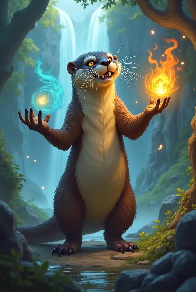 World of Warcraft shaman otter with troll fangs, controlling elements with their totems. 