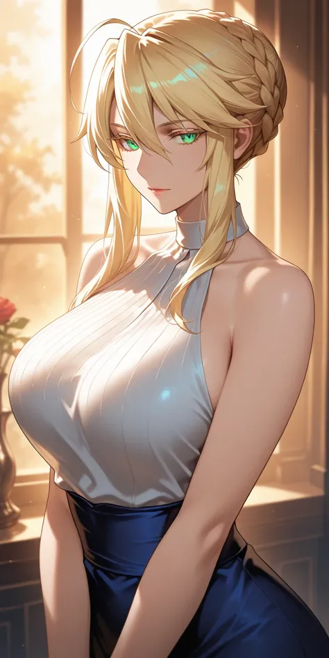 Masterpiece, very aesthetic, vibrant, high contrast, high resolution, ultra detailed, elegant mature woman, artoria Pendragon (lancer),  sleeveless halter shirt, soft light, best quality, newest, castlevania: nocturne anime style, upper body