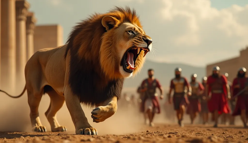 4.	A massive, battle-scarred lion lunging at a group of stunned Roman soldiers, its powerful claws mid-swipe, while the Christians sprint away in the background—divine intervention or just really good luck? Closed-up, hyper-realistic, vibrant, 4K HD.