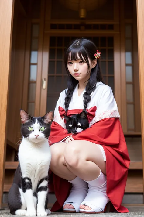 Female cat dressed as a shrine maiden、The appearance of Himiko、I'm praying using a mirror