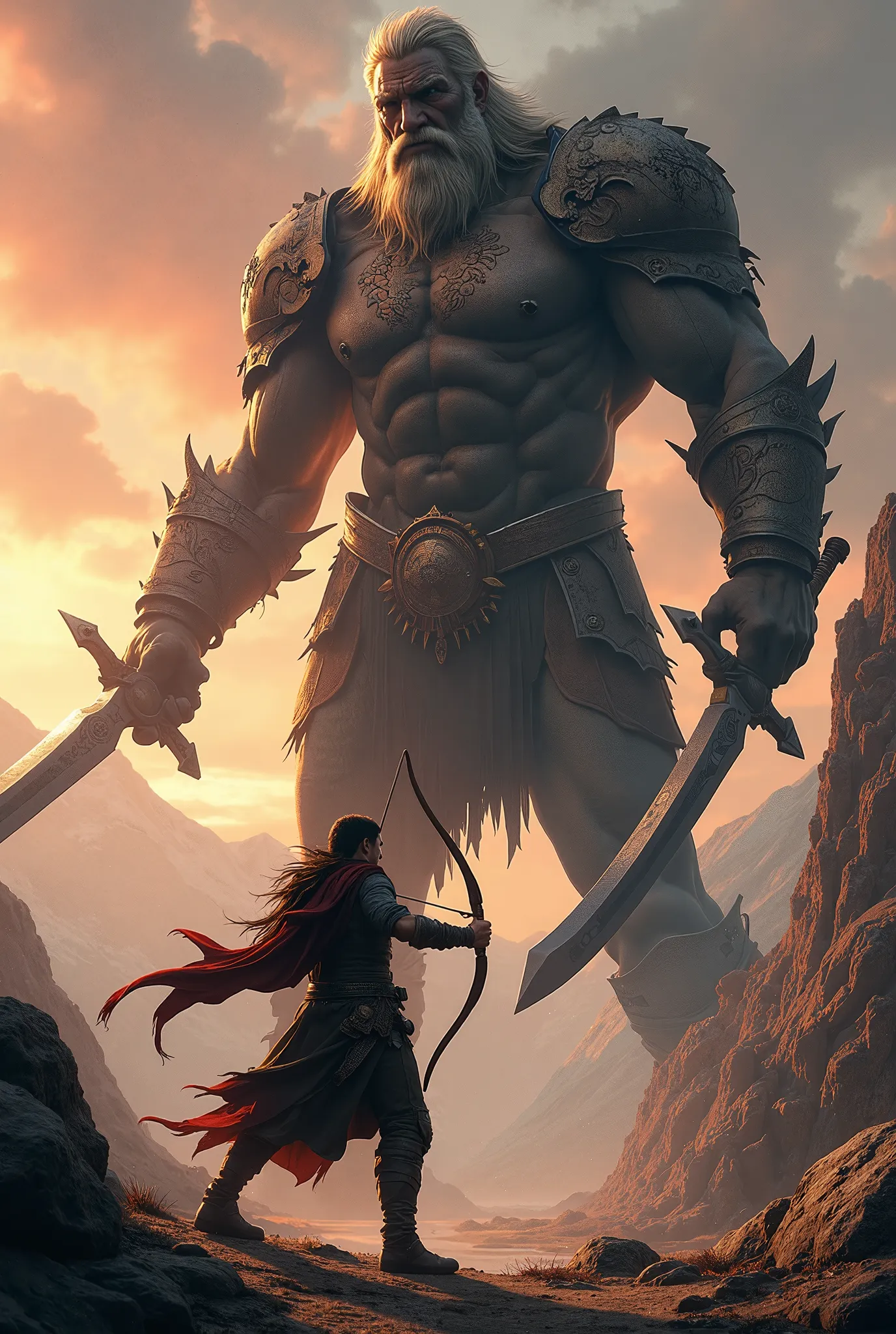 Davi, a young man with a sling, confronting a giant with swords and overcoming him