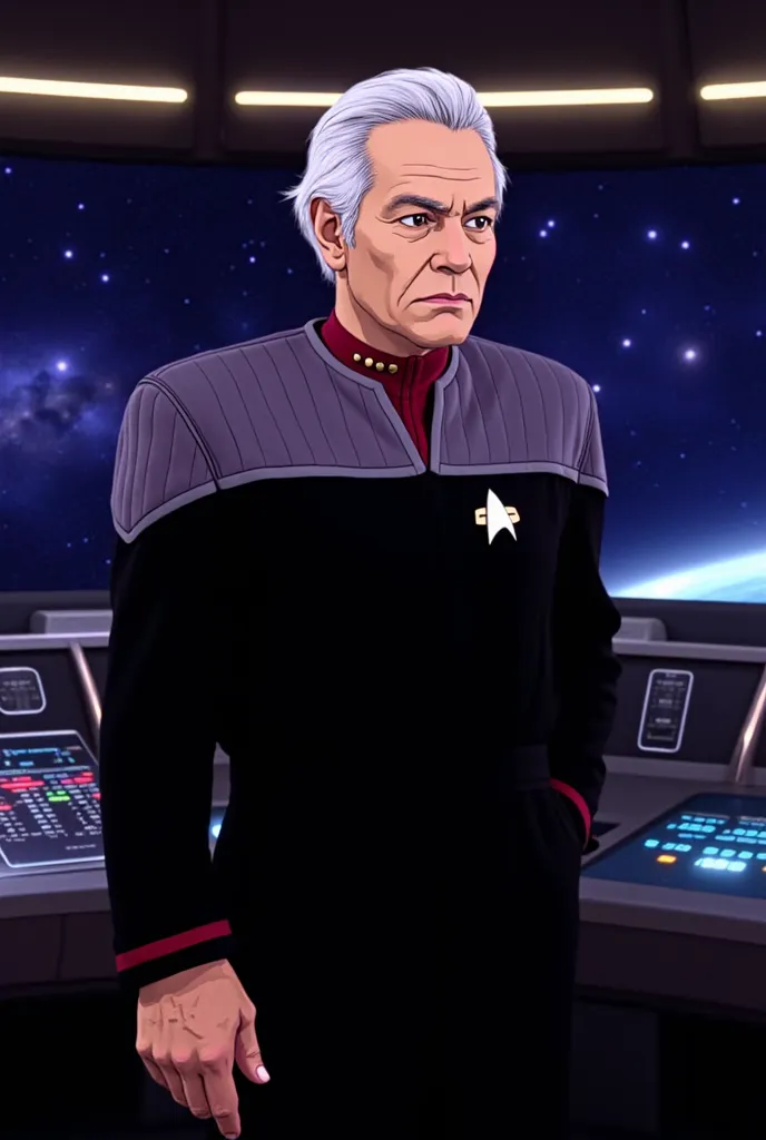 1 man, wearing a deep space nine starfleet uniform, red collar, on bridge of a starship anime style, older