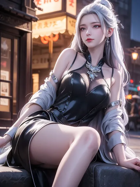  Best Quality , masterpiece, ultra high resolution, (Reality:1.4), Original image,  aesthetics and atmosphere, Hidden Gun, Film Grain, Blurry focus , Bokeh, Night Shooting, masterpiece realistic volumetric light,, 1 girl,  Purple Eyes, White hair, curls, g...