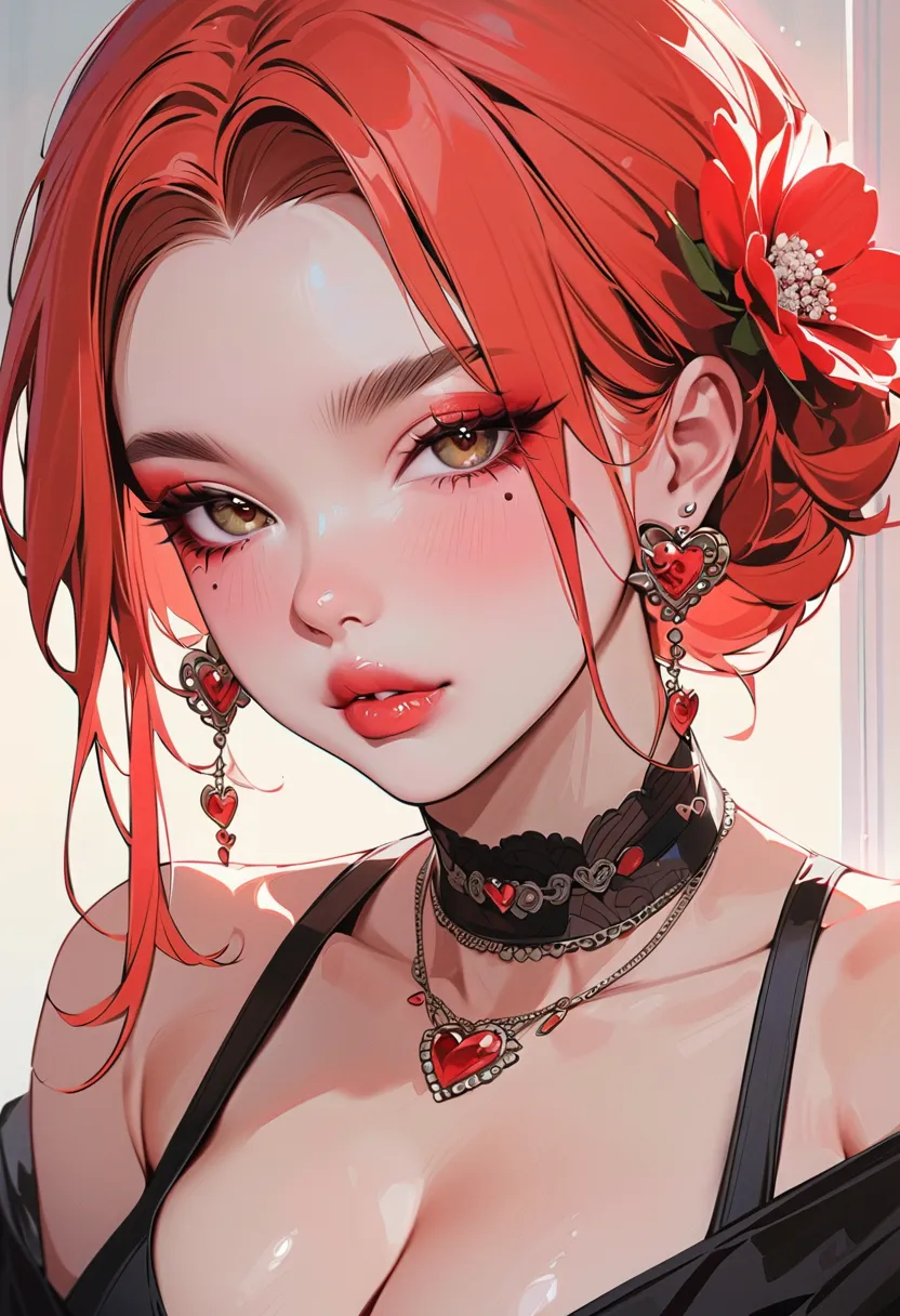 masterpiece, best quality, very aesthetic, absurdres, safe, 1girl, jewelry, flower, solo, multicolored_hair, mole, hair_flower, necklace, breasts, earrings, heart, makeup, cleavage, eyeshadow, red_hair, red_flower, looking_at_viewer, lips, mole_under_eye, ...