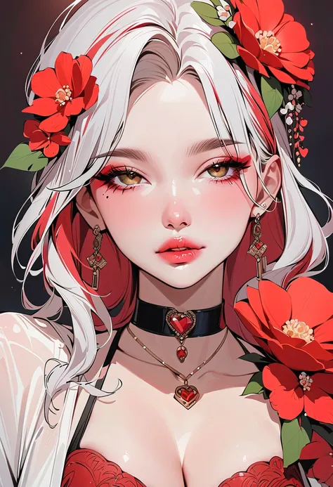 masterpiece, best quality, very aesthetic, absurdres, safe, 1girl, jewelry, flower, solo, multicolored_hair, mole, hair_flower, necklace, breasts, earrings, heart, makeup, cleavage, eyeshadow, red_hair, red_flower, looking_at_viewer, lips, mole_under_eye, ...