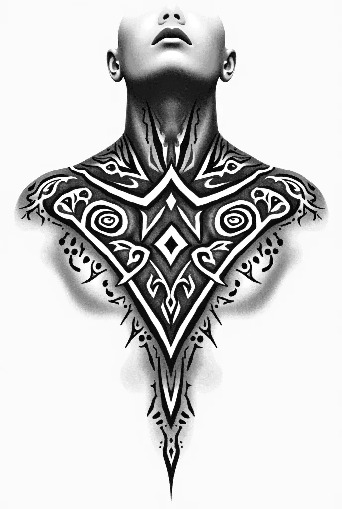 Make a pencil drawing of a Maori tribal tattoo with Tribal 
on neck and chest. This should be made of strong black diamonds, Triangles , Honeycombs and snails exist it should look impressive and mysterious. In the lower area, it stops at shoulder level