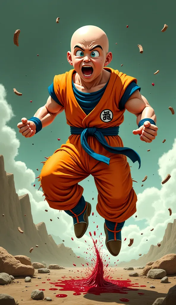 Scene: Krillin is midair, his body violently split in two by the razor-sharp Kienzan (Destructo Disc). His eyes are wide with horror, mouth open in a silent scream, unable to process the sheer shock of what just happened. His upper half is slightly tilted ...