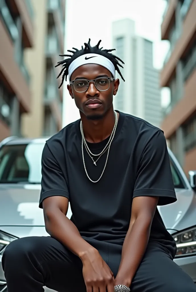 Image of a young black man in a nagô braid wearing a white Nike headband wearing rimless glasses with a thin silver chain sitting on a ladder inside a condominium in front of a gray car