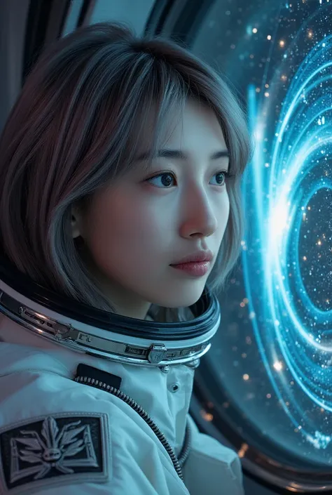 Close-up , Space and astronauts, she has Messy silver hair,blue eyes, wearing Space Helmet, Colored stars in the eyes, A radiant glow, features a striking portrait of a female astronaut gazing longingly out the window of a sleek, metallic space station. He...