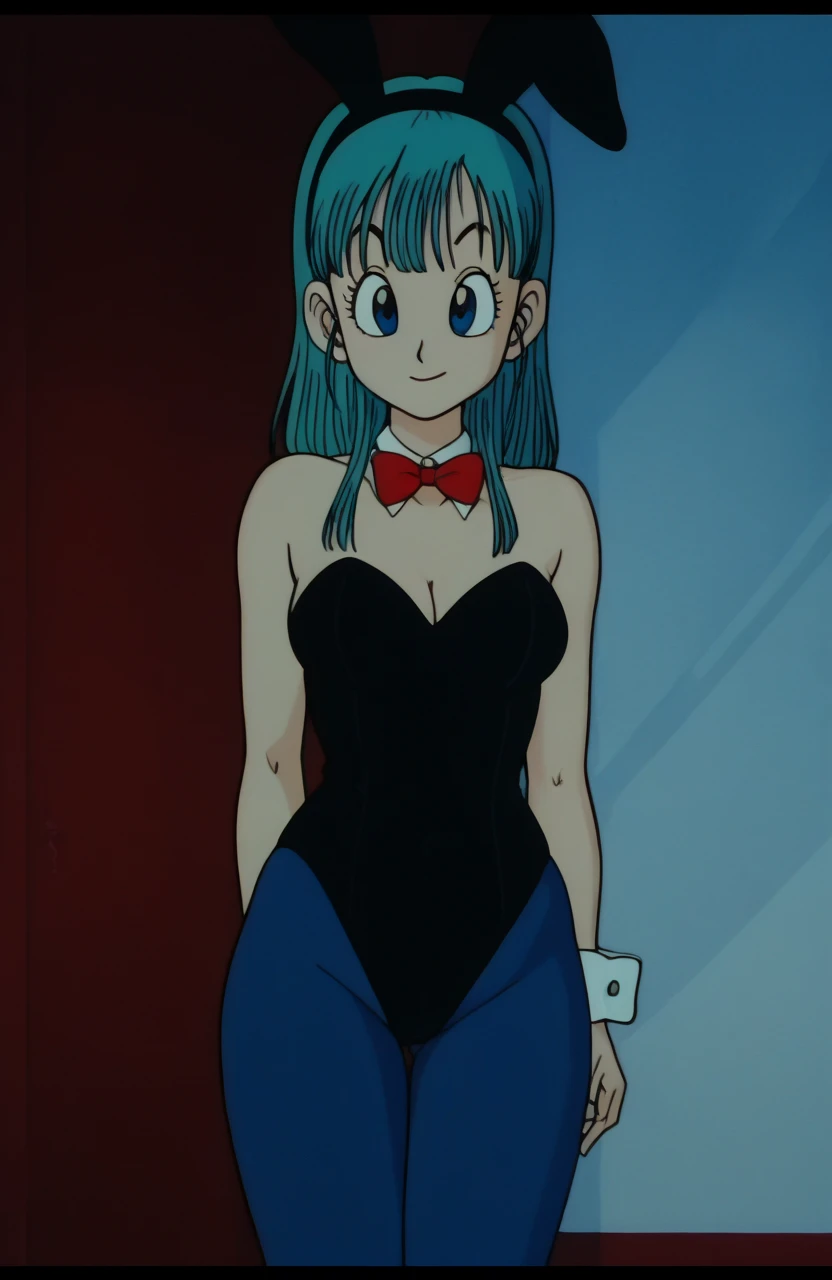 masterpiece, the best quality, 1 girl, Alone , colored from anime, white border , indoors,
drgnbll, retro art style,  1980s \( style\), 
 bulma, blue eyes, Aqua Hair,  strapless leotard, black Leotard ,  playboy bunny , detached collar, separated cuffs , b...