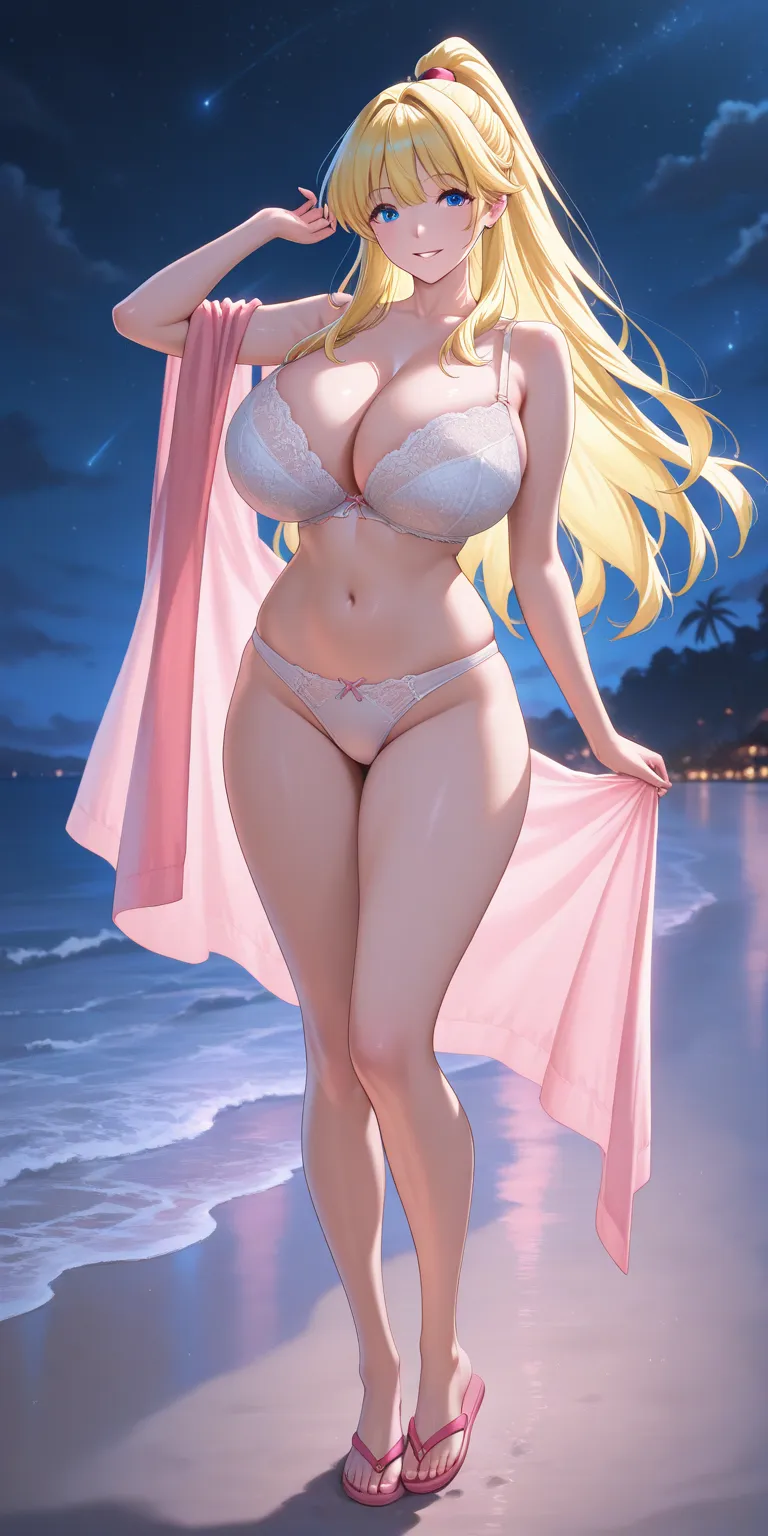 Masterpiece, newest, vibrant, mature woman\(venus\), minako aino, tall, big breast, high ponytail long hair, white bra, white panties, pink flip flops, full body, parted lips, smile, night on the beach, ultra detailed, highres, best quality, semi realistic...