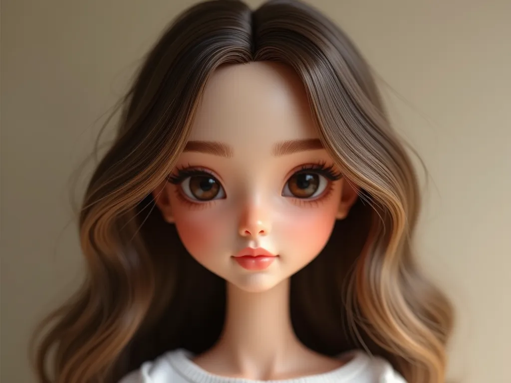 Please create a doll version of a young woman with smooth, fair skin. She has large, deep brown eyes with long, natural eyelashes, and well-defined, full eyebrows. Her lips are soft pink with a natural matte texture, giving her a calm and serene expression...