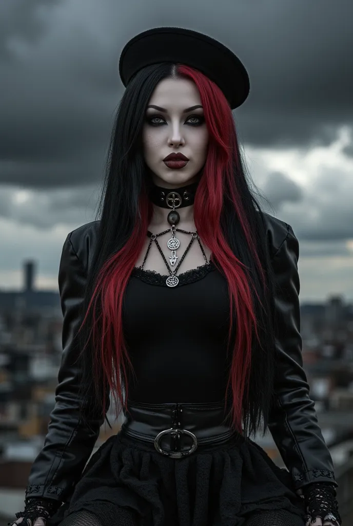 metalhead girl, red and black hair, small hat, upturned lip, provocative, detailed portrait, dark moody atmosphere, dramatic lighting, dramatic expression, provocative pose, goth fashion, dark urban background, stormy clouds, digital art, 8K, ultra-detaile...