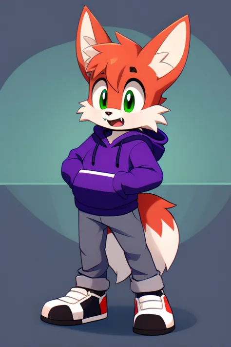 Young male fox rabbit hybrid, short fox tail, fox ears, green eyes with purple flecks, barred fangs, red-gray fur, red fur, black tipped ears, pants, hoodie