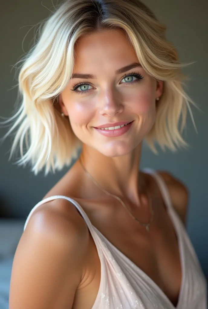 A young and dazzling woman with short blond hair,  falling smoothly around the face , highlighting her beautiful bright blue eyes. Her eyes convey confidence and charm , with a light smile that enhances her natural beauty. She wears an elegant short dress ...