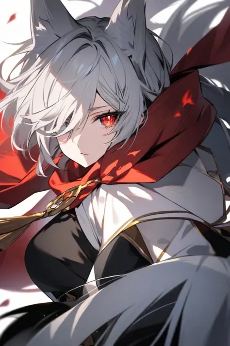 Age 16 half black half white hair wears a red scarf her left eye iris/pupil Red her right eye Iris/pupil golden wears a mask is a kitsune her kitsune tails and ears are half black half white like her hair make her alone in the image