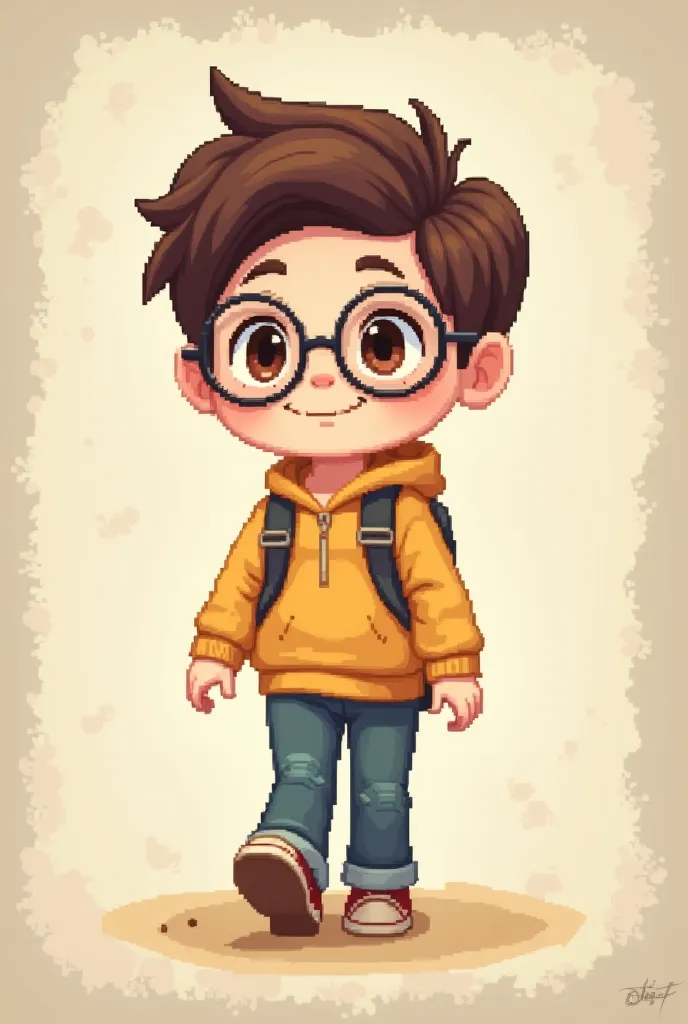 Create the 16-bit walking sprite of one with round glasses, brown eyes, brown hair, white skin