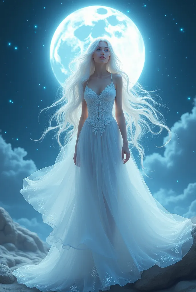 draw a character, goddess of the moon, girl with long white hair up her hips, with bright blue eyes, in a white long floor-length dress, in full height