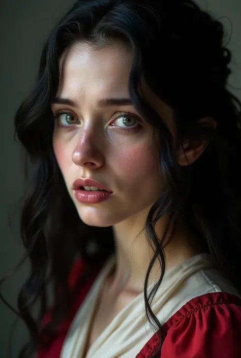 Woman crying tears on her face long black hair with curly waves hazel green eyes slightly blushed white skin delicate face small soft crying look full lips look of pain healthy and attractive body wearing a delicate sensual white and red dress medieval sor...