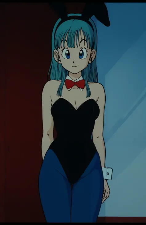 masterpiece, the best quality, 1 girl, Alone , colored from anime, white border , indoors,
drgnbll, retro art style,  1980s \( style\), 
 bulma, blue eyes, Aqua Hair,  strapless leotard, black Leotard ,  playboy bunny , detached collar, separated cuffs , b...