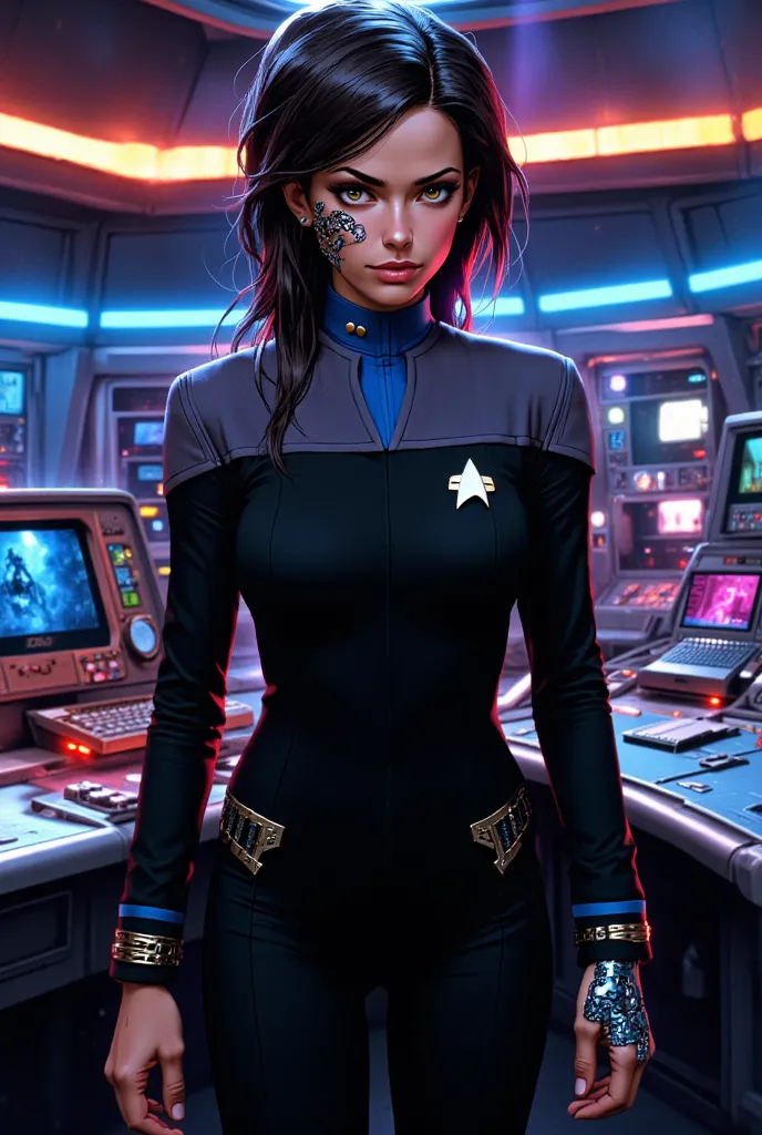 1 girl, a Talaxian, wearing a blue deep space nine starfleet uniform, blue collar, on bridge of a starship anime style with a cybernetic eye and arm