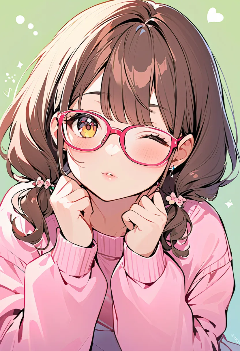 a very cute looking  with big glasses and a pink sweater, 1girl, solo, glasses, one eye closed, twintails, brown hair, jewelry, looking at viewer, shirt,.,.