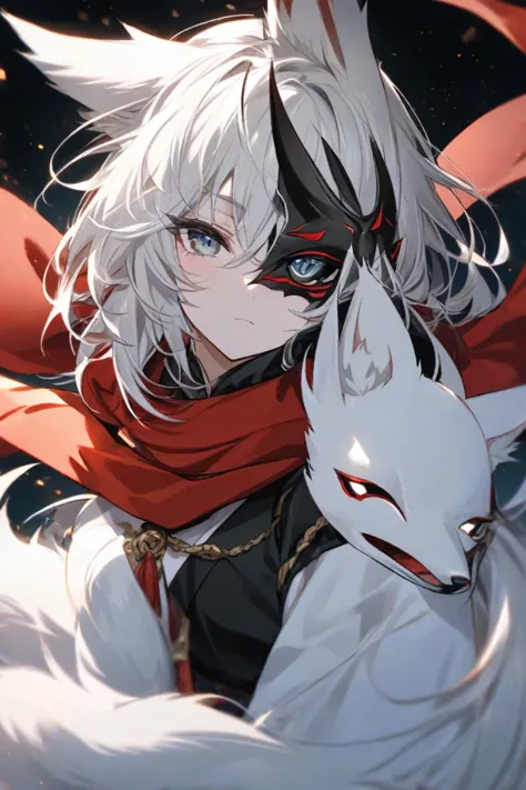 Age 16 half black half white hair wears a red scarf her left eye iris/pupil Red her right eye Iris/pupil golden wears a mask is a kitsune her kitsune tails and ears are half black half white like her hair make her alone in the image