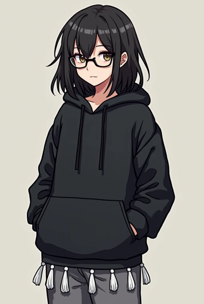 Take a full picture of an 18 year old girl, make her hair black and slightly disheveled, make her a little fat, wear a black hoodie, gray pants and white tassels, paint her in a pixel style, and make her wear glasses