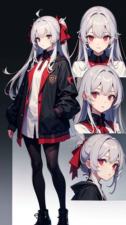 Masterpiece detailed face、A girl, full body、gray hair、long hair、red eyes