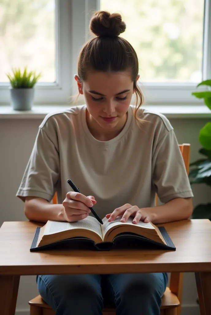 "A young adult seated on a simple wooden chair, in a quiet, well-lit room with natural light coming through the window. He is facing a small table with an open Bible in front of him, holding it with both hands. Her face shows motivation and determination, ...