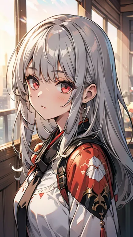 Masterpiece detailed face、A girl, full body、gray hair、long hair、red eyes