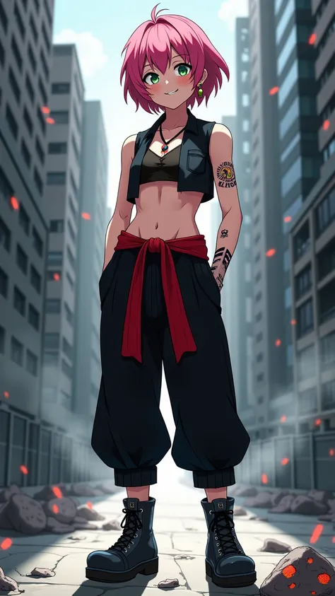 Anya Forger from *Spy x Family* reimagined in Sukuna's iconic outfit from *Jujutsu Kaisen*. She wears Sukuna's signature black, loose-fitting pants with a draped red sash around her waist, paired with a cropped, sleeveless black jacket that mimics Sukuna's...