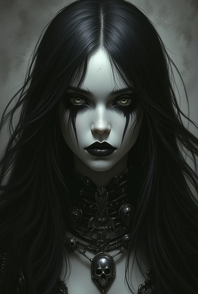 Necromancer girl.  very white skin , long black hair to the tent. the entire sclera of the eye is completely black,  without an iris, eyes are like holes in an abyss.  veins are grey, like her blood is black.  mocking facial expression , black lips, No mak...