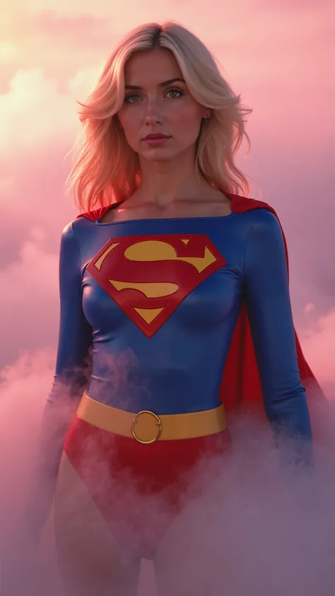 Close-up of an imposing figure, a young woman in a 1980s Supergirl costume ((20years old with large breasts; Supergirl 1980s costume; glued to the body; beautiful and elegant; huge breasts; blonde hair with some white strands))) and piercing gaze, floating...